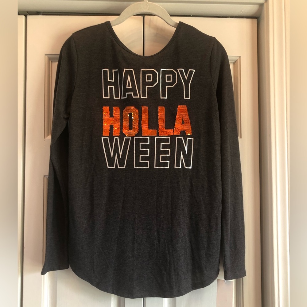 LOL Vintage Happy Holla Ween gray & orange/silver flip sequin long sleeve t, XL